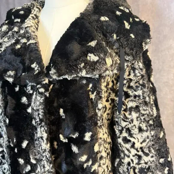 La Seine Black & White Faux Fur Leopard Coat Women’s Large Cropped Winter Jacket - Picture 3 of 14